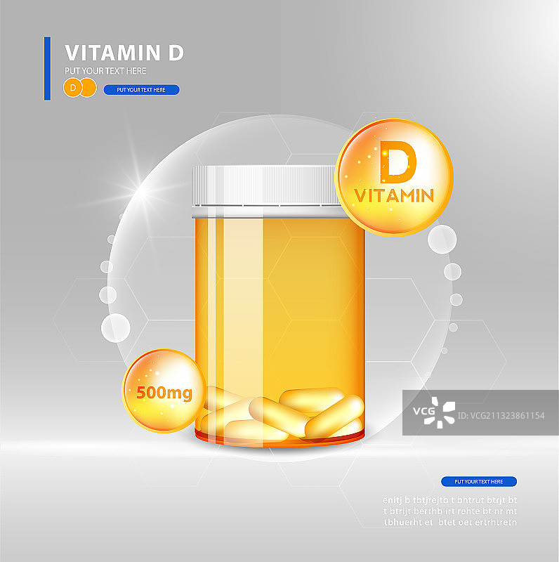 金色闪耀的维生素D药丸，含化学式图片素材