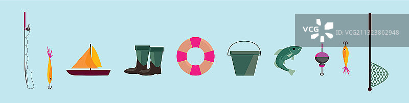 渔具鱼饵船元素套装图片素材