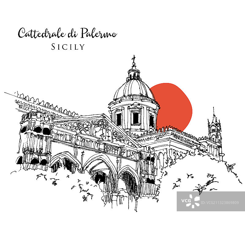 西西里岛巴勒莫大教堂速写简笔画图片素材