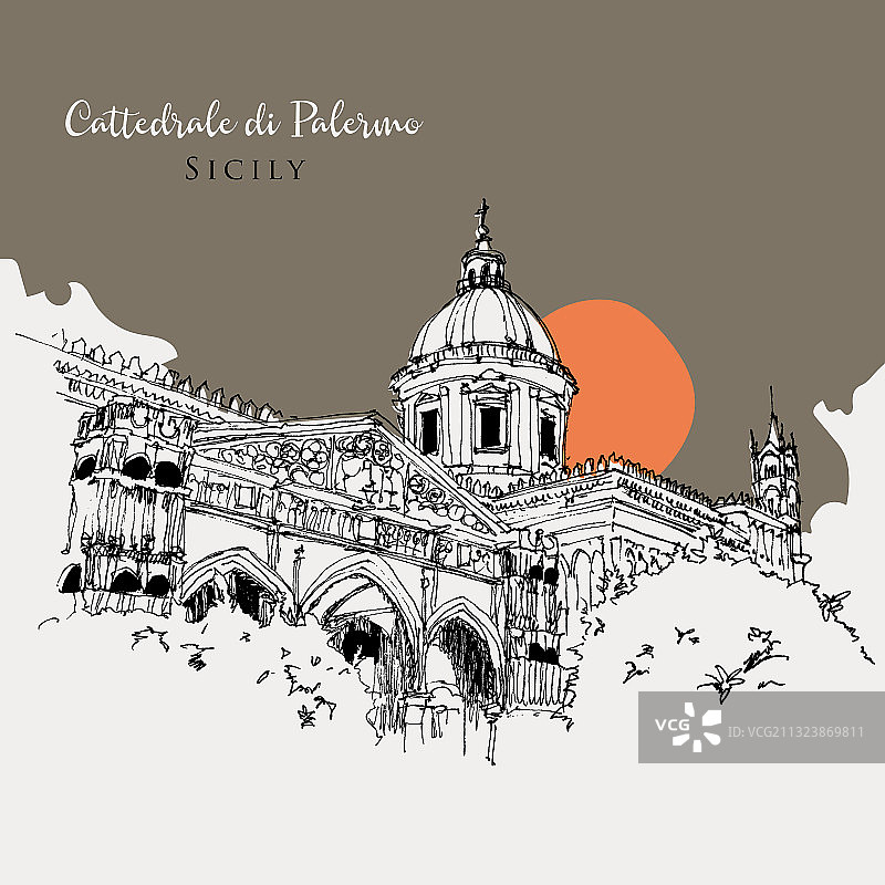 西西里岛巴勒莫大教堂速写简笔画图片素材