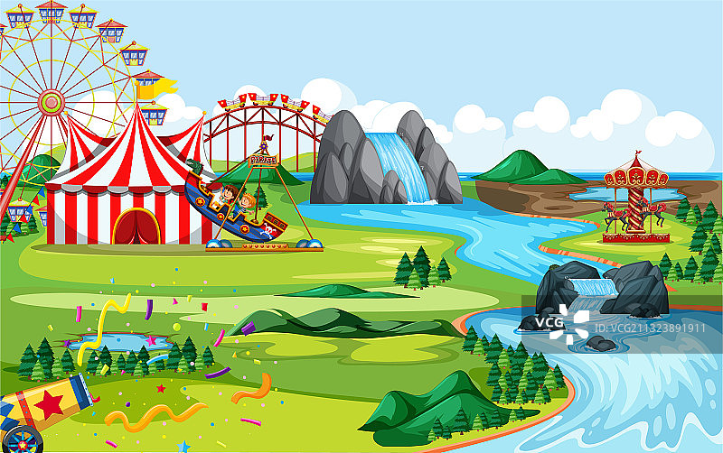 有马戏团和许多游乐设施的游乐园图片素材