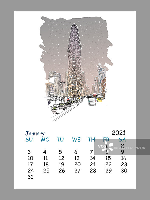 2021年1月纽约日历表图片素材