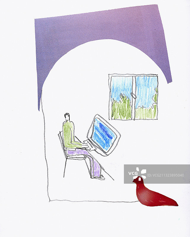 男子在拱门下用电脑，旁边有红色鸽子插画图片素材