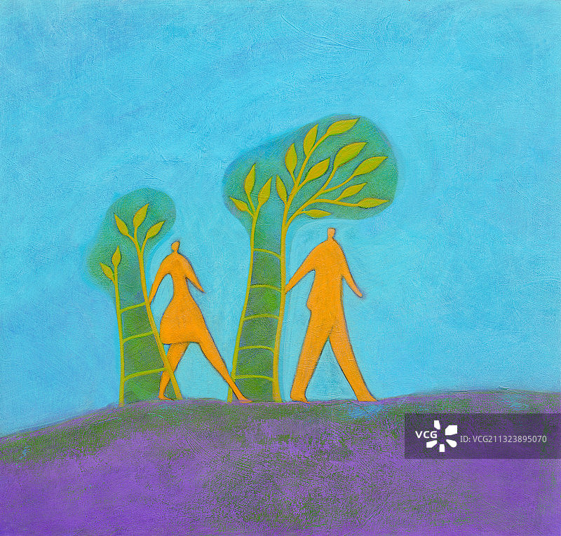 情侣在树林附近散步插画图片素材