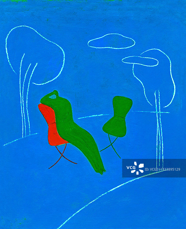 坐在蓝色背景红色椅子上的户外人物插画图片素材