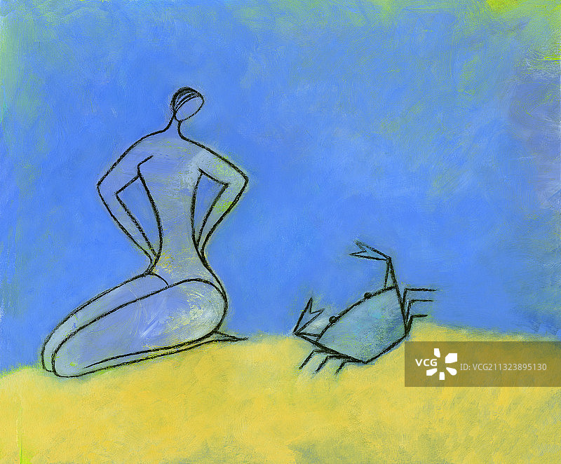 女子坐在海边螃蟹旁，巨蟹座插画图片素材