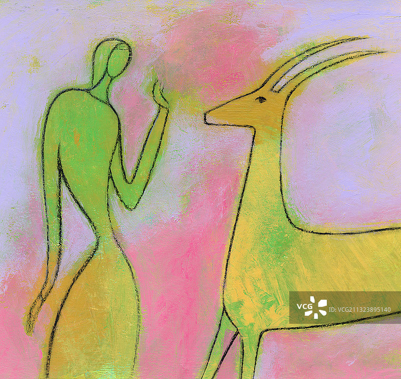 女人与羚羊。摩羯座的星座。插画。图片素材