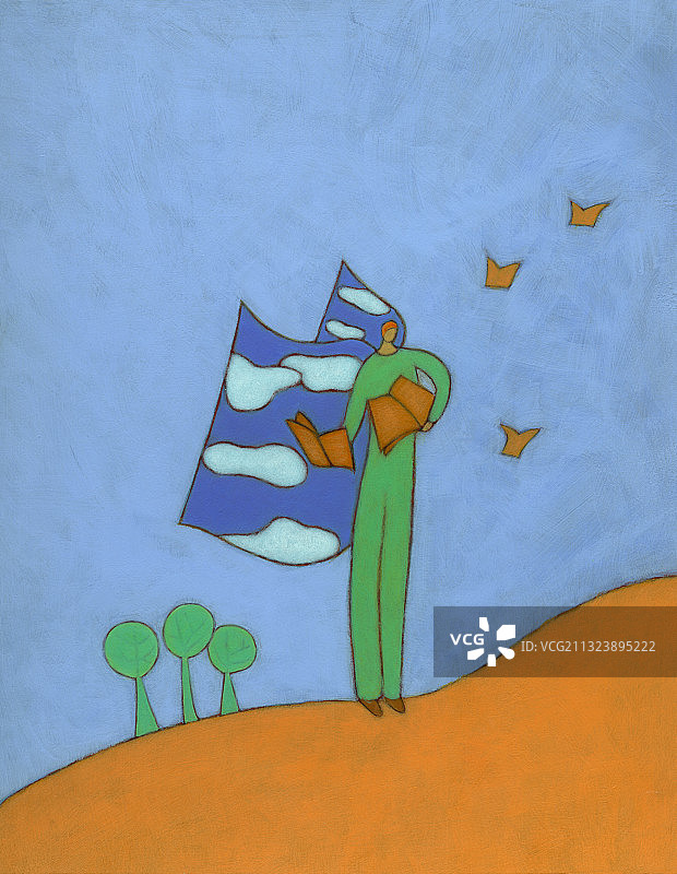 站立的绿衣男人，以书籍和云彩为翅膀插画图片素材