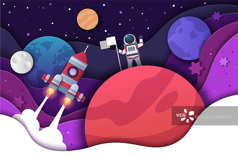 剪纸风宇航员插旗图片素材