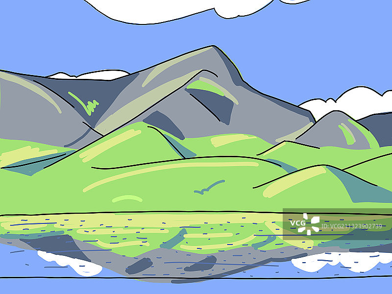 手绘高山白云风景画图片素材