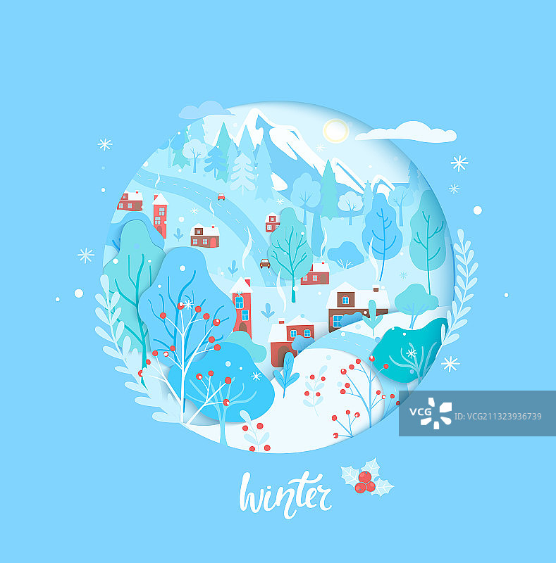 剪纸乡村冬季场景贺卡图片素材