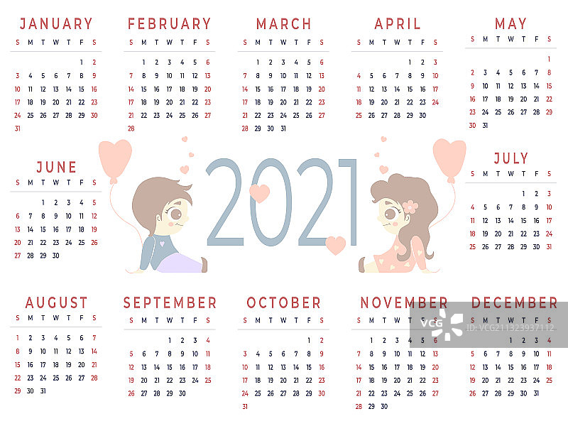 2021年横向日历模板 - 12个月图片素材