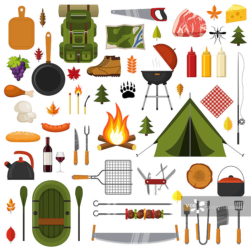露营和徒步元素森林徒步图标集图片素材