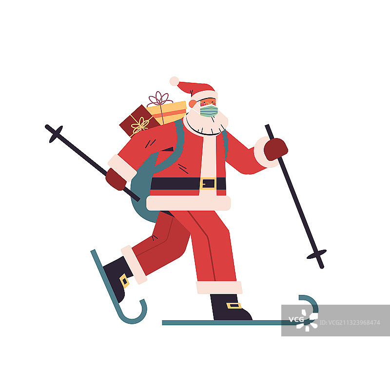 戴防护面具滑雪送礼物的圣诞老人图片素材