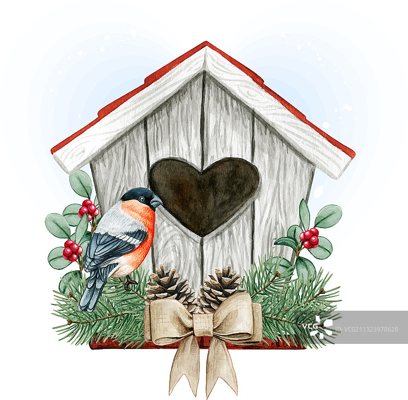 高品质水彩鸟屋与红腹灰雀图片素材