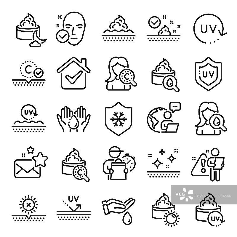 护肤系列线性图标：胶原蛋白霜、精华液、精油图片素材