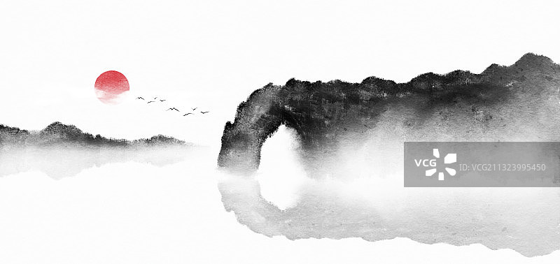 象鼻山景点水墨画图片素材