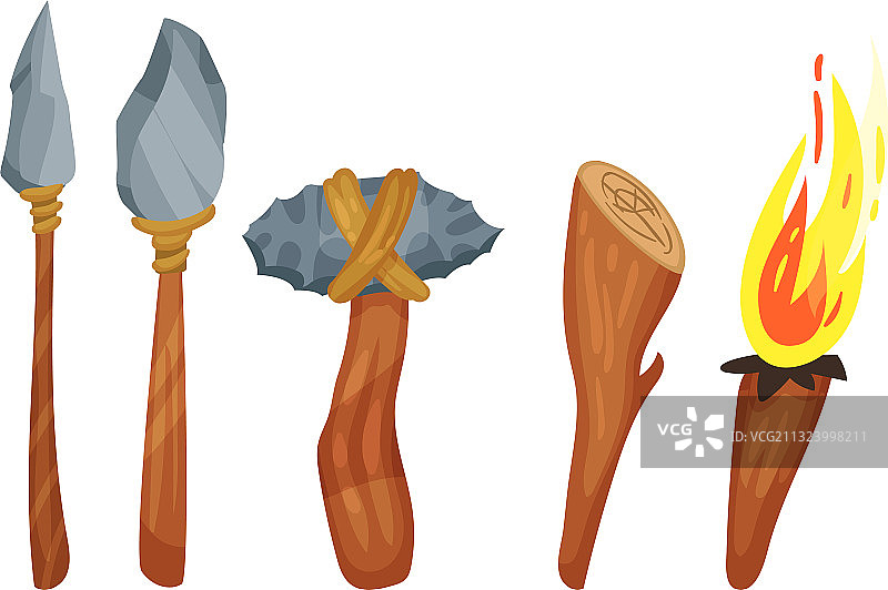 带木棍和长矛的石器时代狩猎武器图片素材