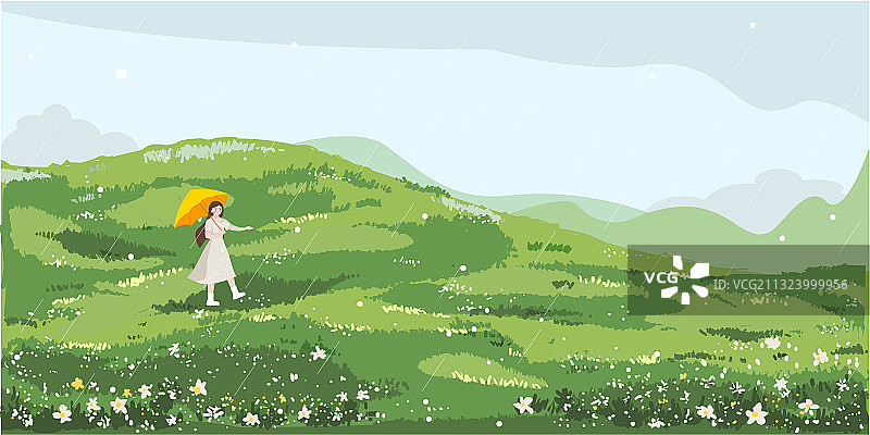 春季夏季雨天节气打伞的女孩矢量插画图片素材