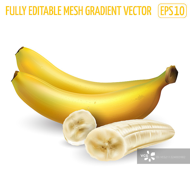 白色背景上的完整香蕉和香蕉切片图片素材