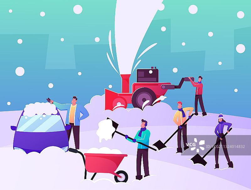 快乐的人物铲雪和清除积雪图片素材