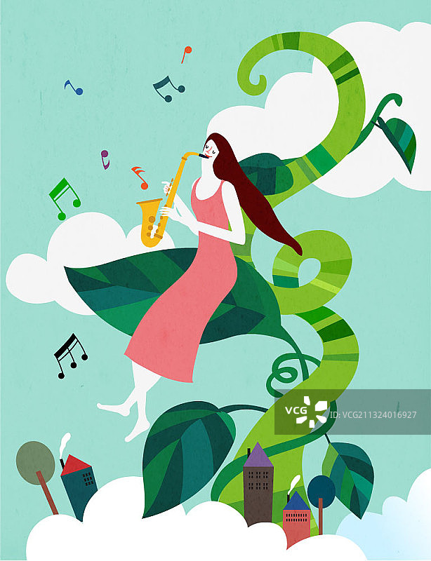 女人坐在豆茎上吹萨克斯图片素材