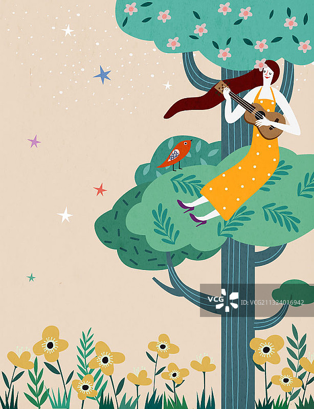 坐在树上弹吉他的女人图片素材