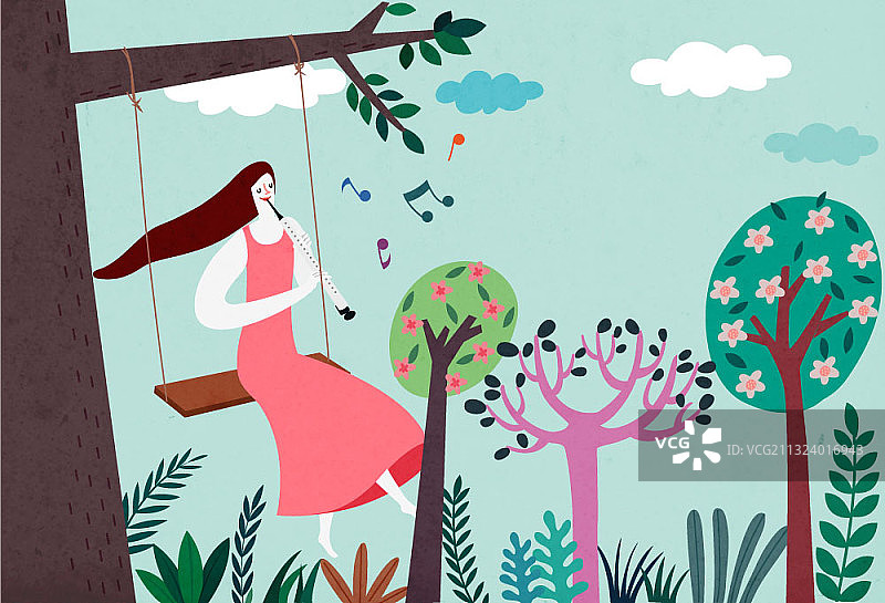 在秋千上吹双簧管的女人图片素材