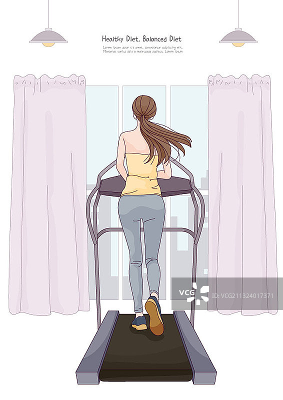 一位扎着马尾辫的女士在家里的跑步机上行走图片素材