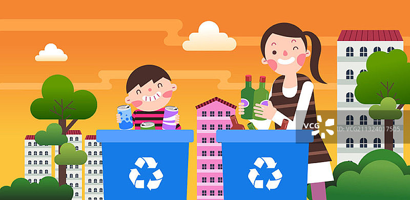 母子将罐子和瓶子分类回收图片素材