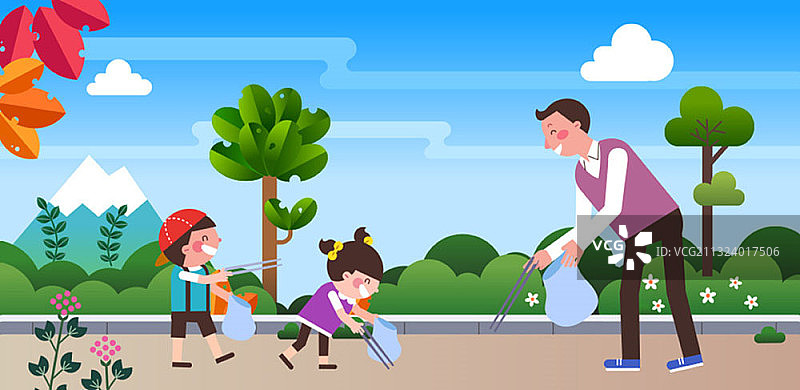 老师和孩子们一起捡垃圾、清洁街道图片素材