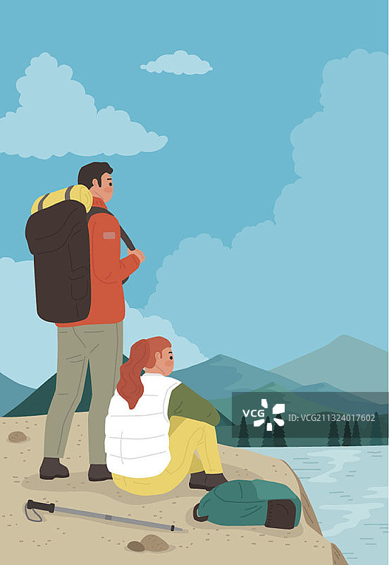 情侣在湖边攀登和休息图片素材