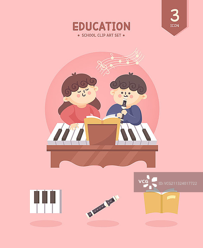 音乐课上，女孩弹钢琴，男孩吹竖笛图片素材