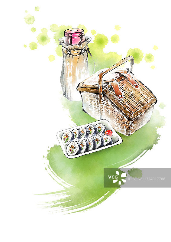 绿色背景上的水瓶和紫菜包饭图片素材