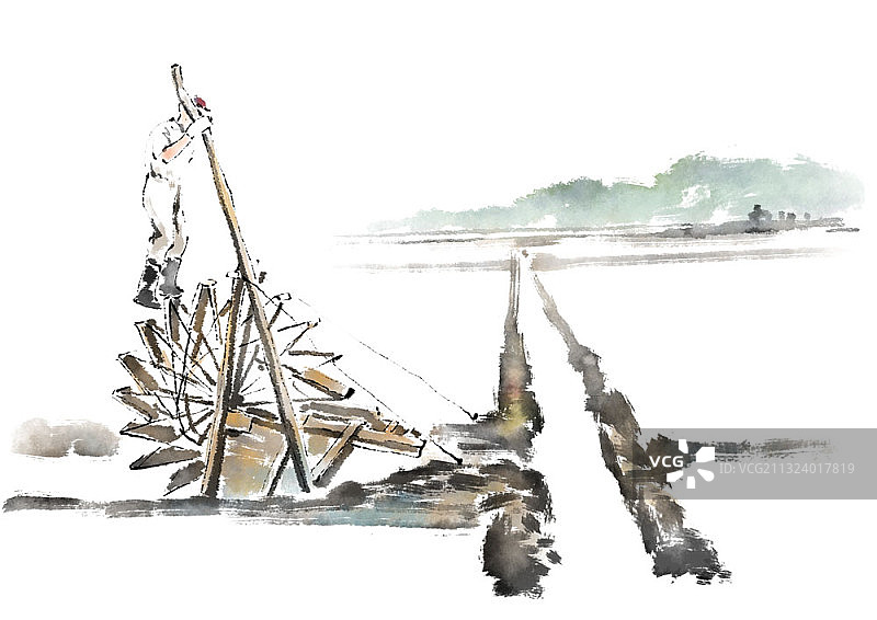 男人用工具从盐池中取盐图片素材