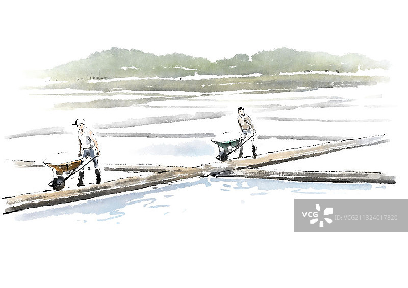 两名男子拉着装满盐的手推车图片素材