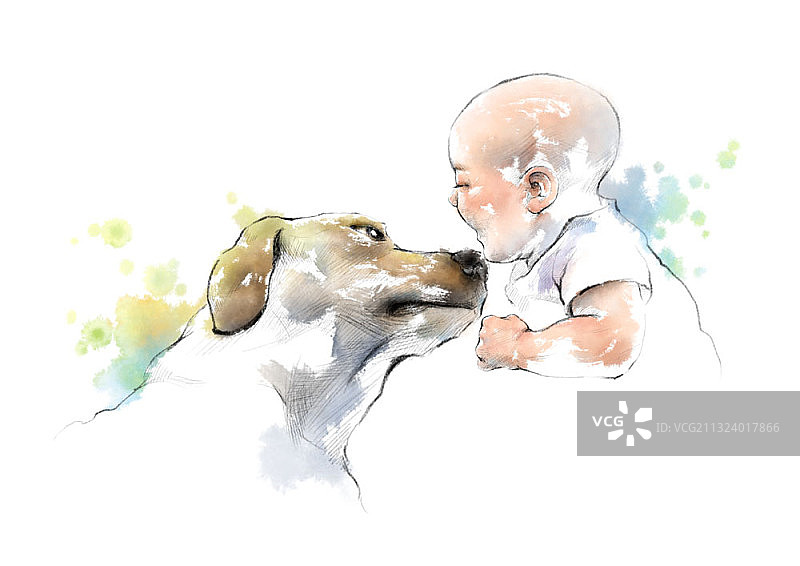 对着小狗灿烂微笑的婴儿图片素材