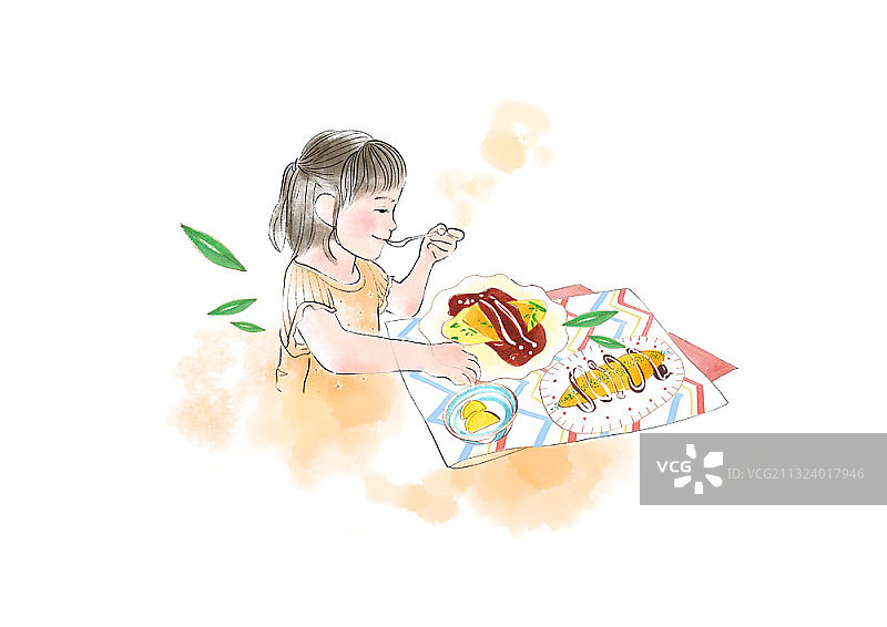 小孩享用米饭蛋卷图片素材