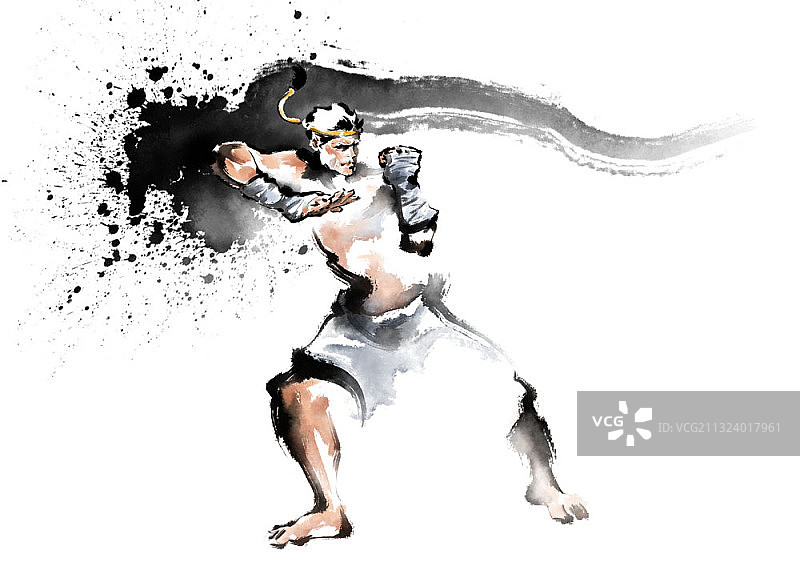 黑色墨水飞溅与泰拳拳手姿势图片素材