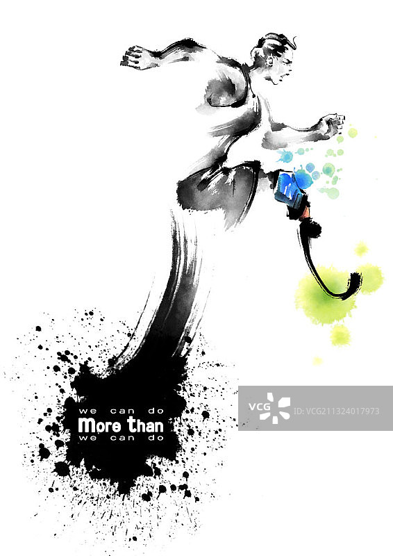 黑色墨水飞溅与残疾运动员跳跃图片素材