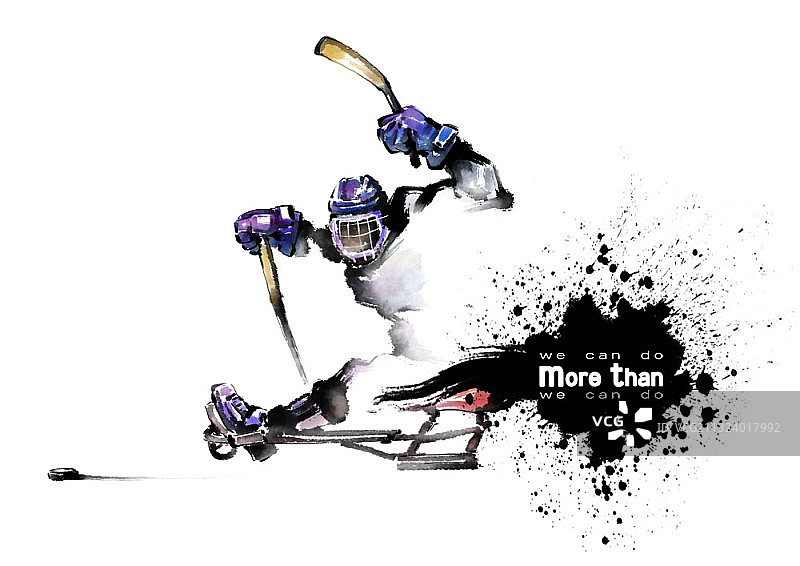 黑色墨水飞溅和残疾冰球运动员图片素材
