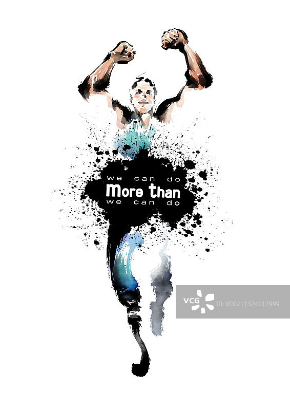 黑色墨水飞溅与残疾运动员冲过终点线图片素材