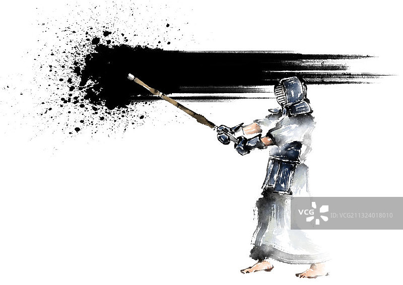 黑色墨水飞溅与日本击剑运动员图片素材