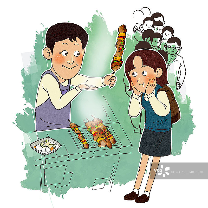 对着烤串感到兴奋的女孩图片素材