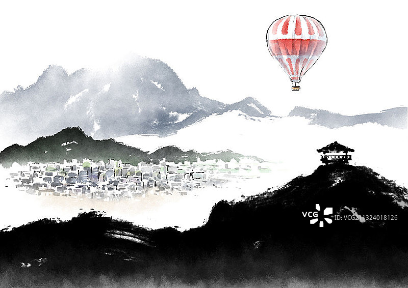 村庄上空的滑翔伞飞行者图片素材