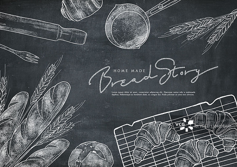 黑板上绘制的不同种类的面包和烹饪用具图片素材