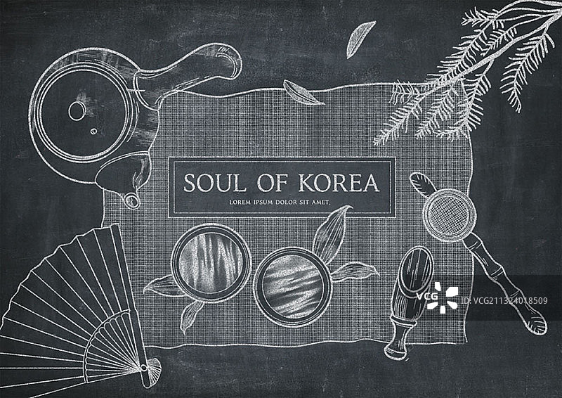黑板上手绘的传统茶具图片素材
