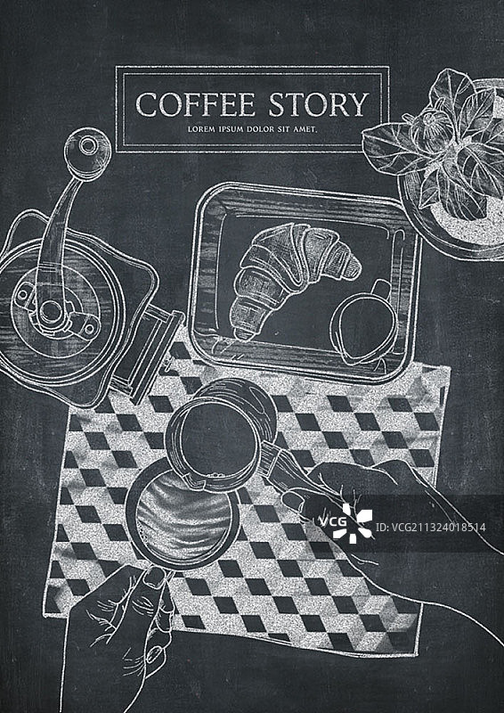 黑板上手绘一杯咖啡、面包和倒茶场景图片素材