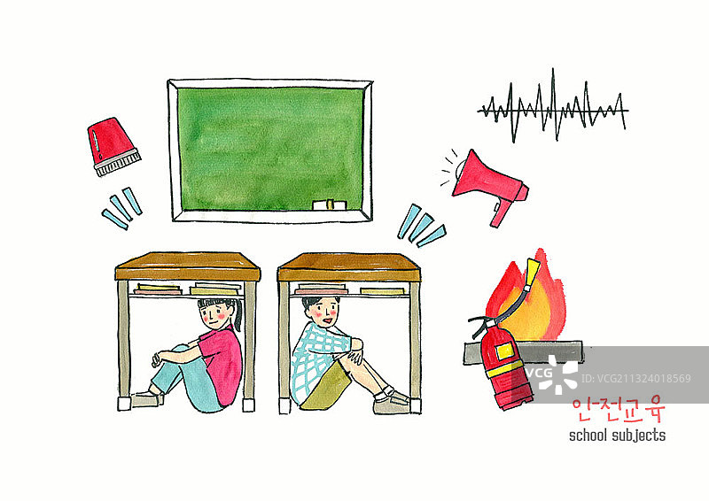 安全演习中在桌子下避难的孩子们图片素材