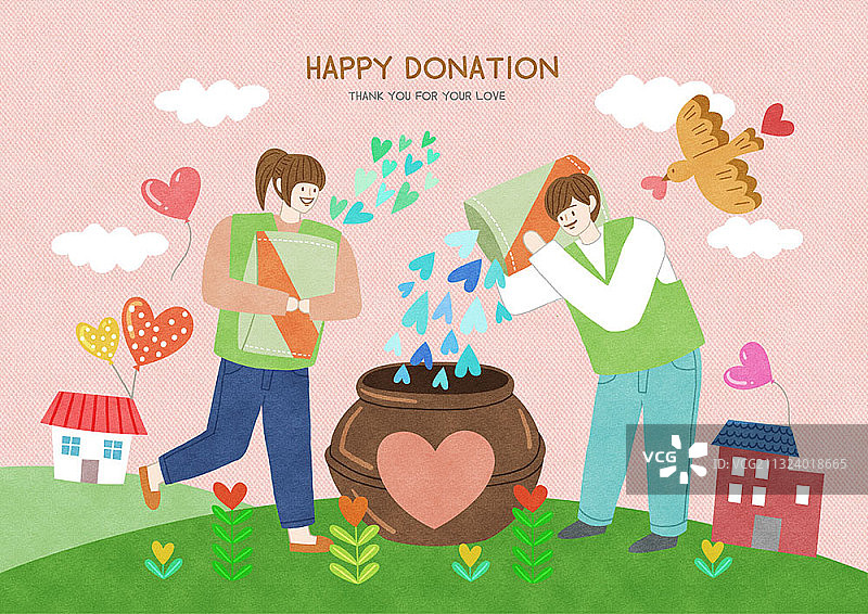 一对年轻男女与邻居分享爱心袋图片素材